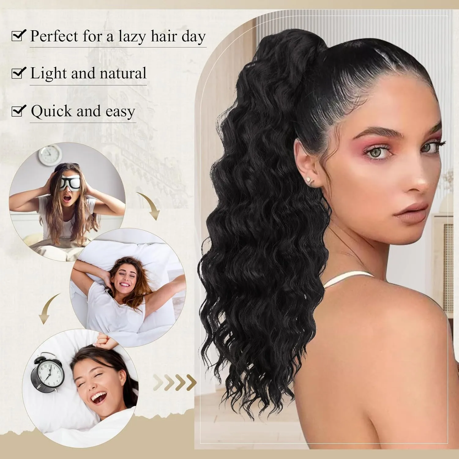 PEACOCO Ponytail Extension 20inch Long Synthetic Drawstring Ponytail Afro Curly Fluffy Pony Tail for Black Women Daily Use, 1B/Bug