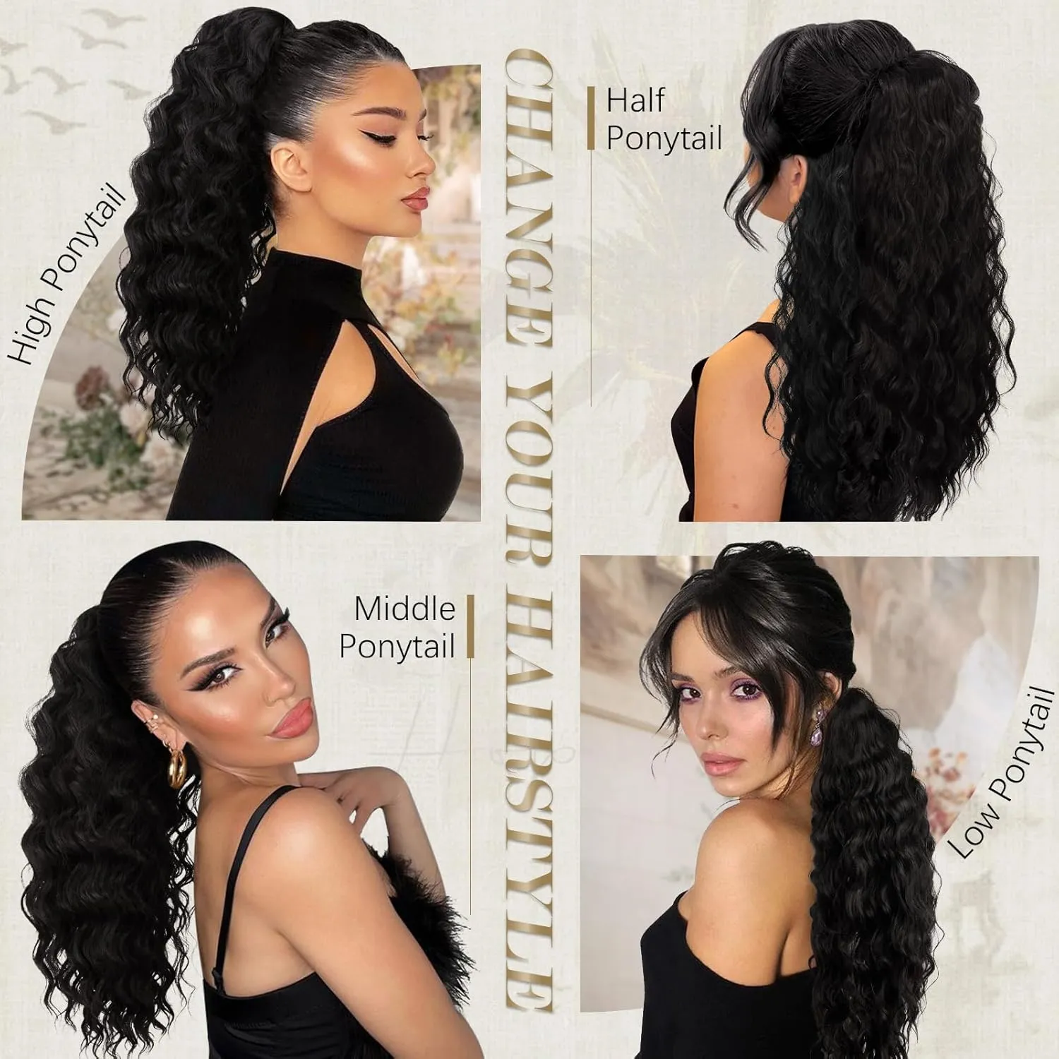 PEACOCO Ponytail Extension 20inch Long Synthetic Drawstring Ponytail Afro Curly Fluffy Pony Tail for Black Women Daily Use, 1B/Bug