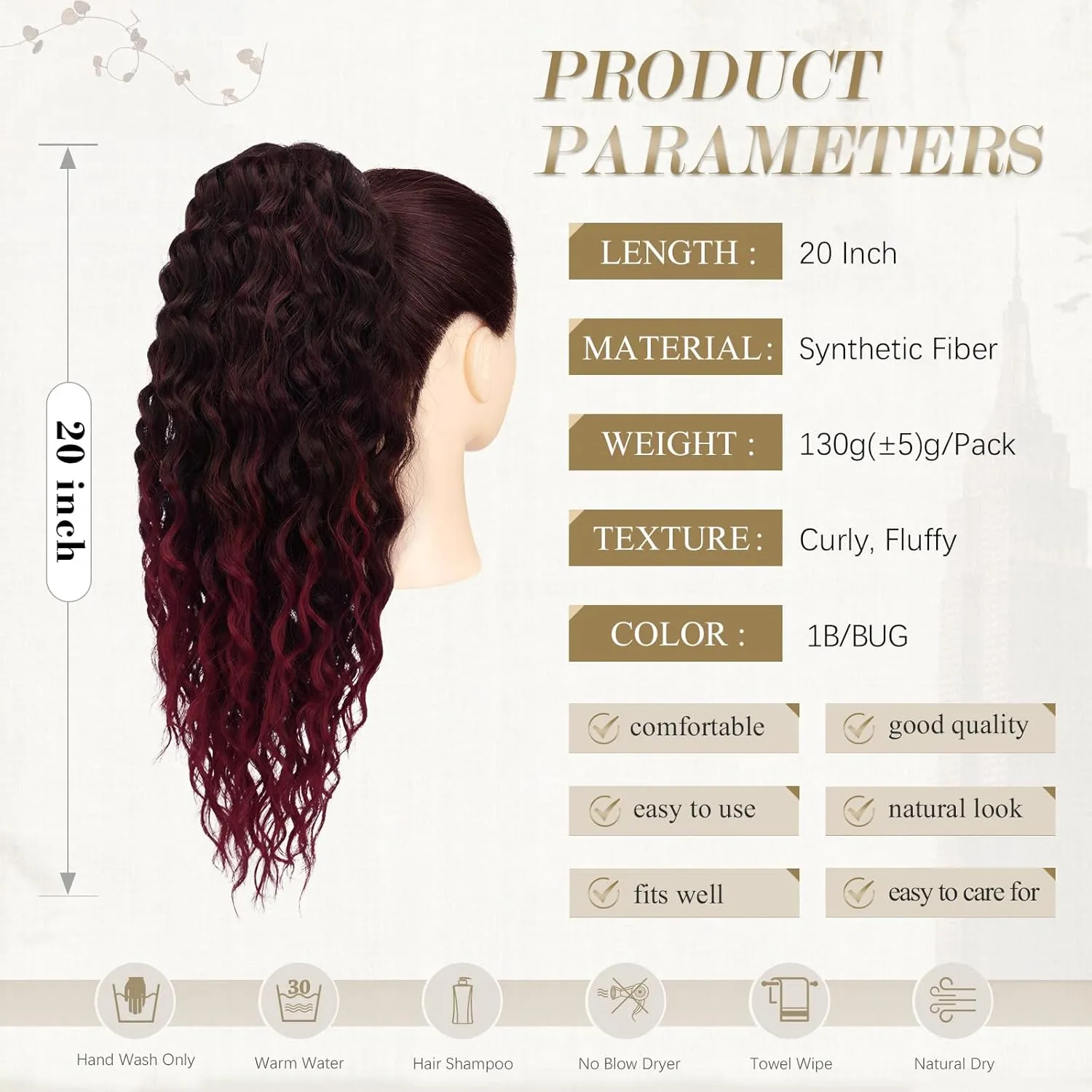 PEACOCO Ponytail Extension 20inch Long Synthetic Drawstring Ponytail Afro Curly Fluffy Pony Tail for Black Women Daily Use, 1B/Bug
