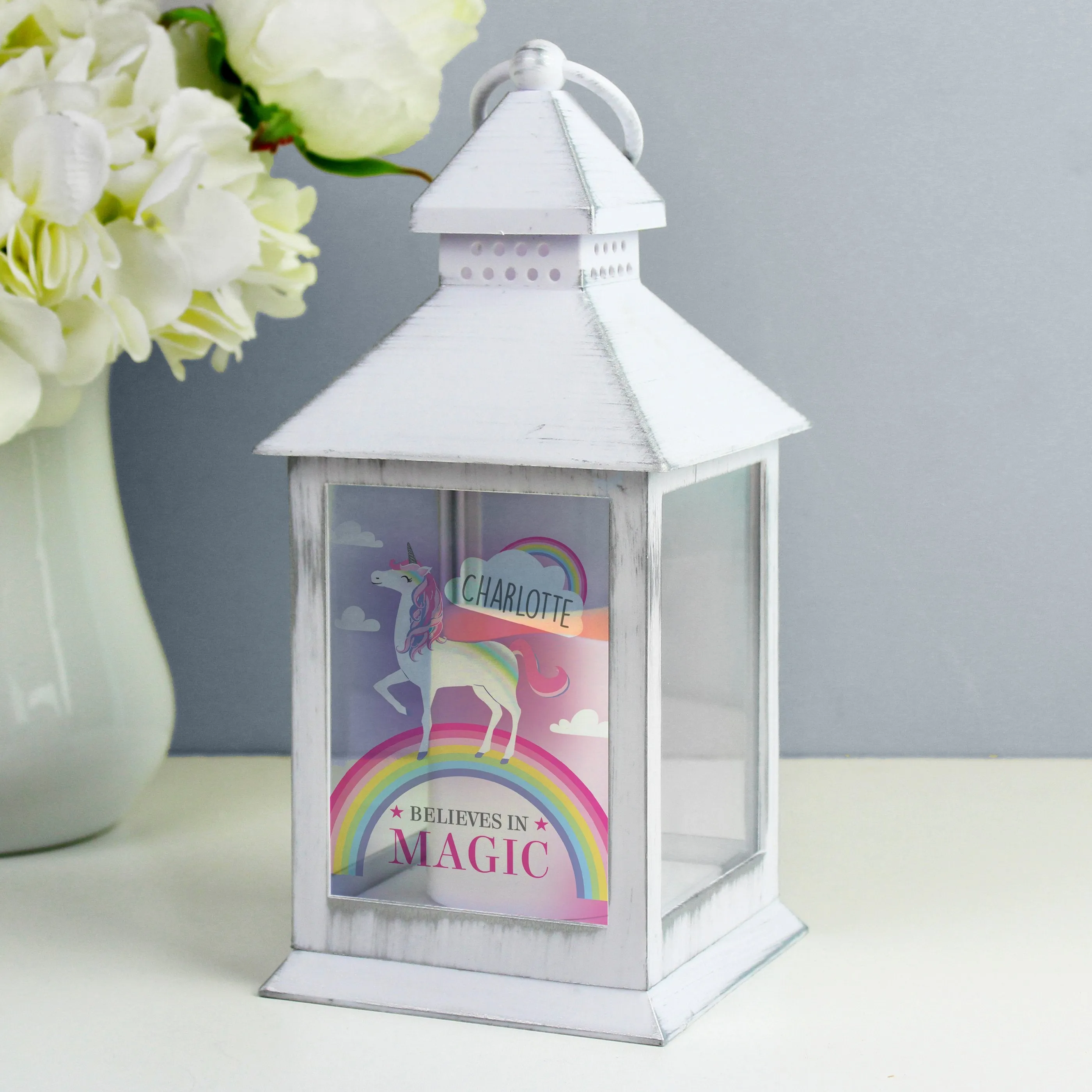 Personalised Unicorn Frost White Lantern