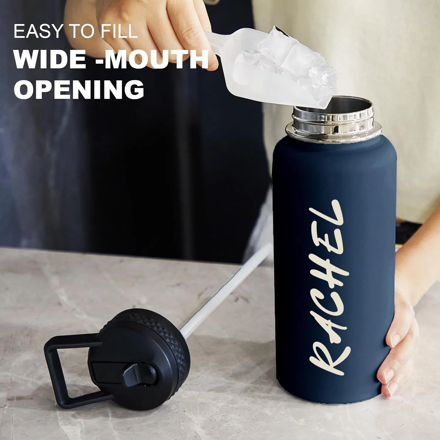 Personalized Custom Water Bottle with Text Photo Print in USA 32oz Double Wall Stainless Steel Leakproof Wide Mouth Cup with Flip Straw
