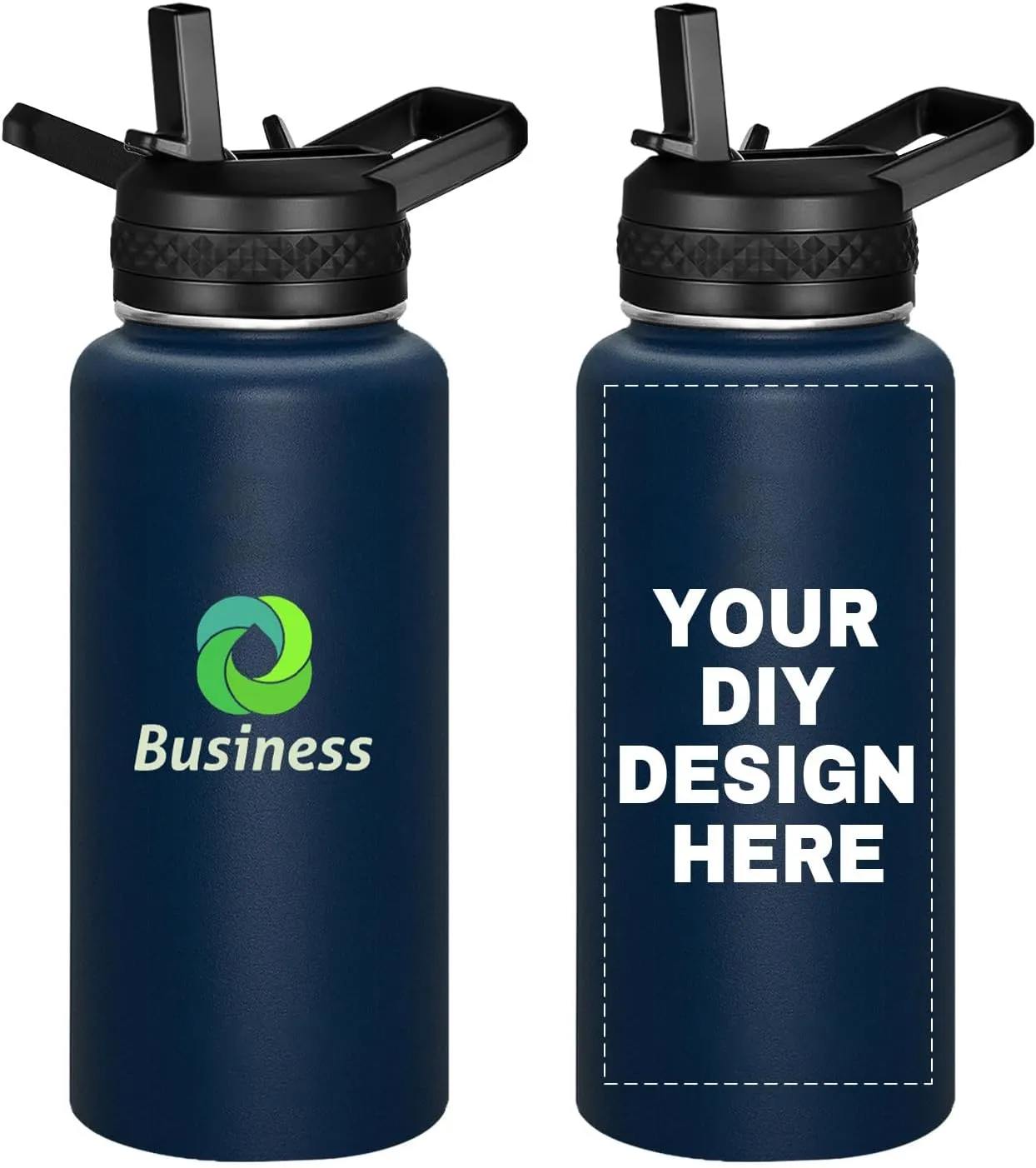 Personalized Custom Water Bottle with Text Photo Print in USA 32oz Double Wall Stainless Steel Leakproof Wide Mouth Cup with Flip Straw