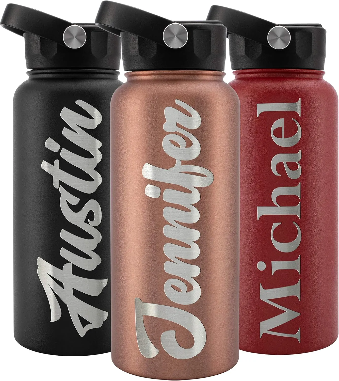 Personalized Water Bottle w Straw Lid Double Wall Insulated | 32 oz - 12 Font - Rose Gold | 9 Color Custom Water Bottle w Name and Text, BPA Free - Non Sweat - Vacuum Insulated