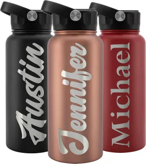 Personalized Water Bottle w Straw Lid Double Wall Insulated | 32 oz - 12 Font - Rose Gold | 9 Color Custom Water Bottle w Name and Text, BPA Free - Non Sweat - Vacuum Insulated