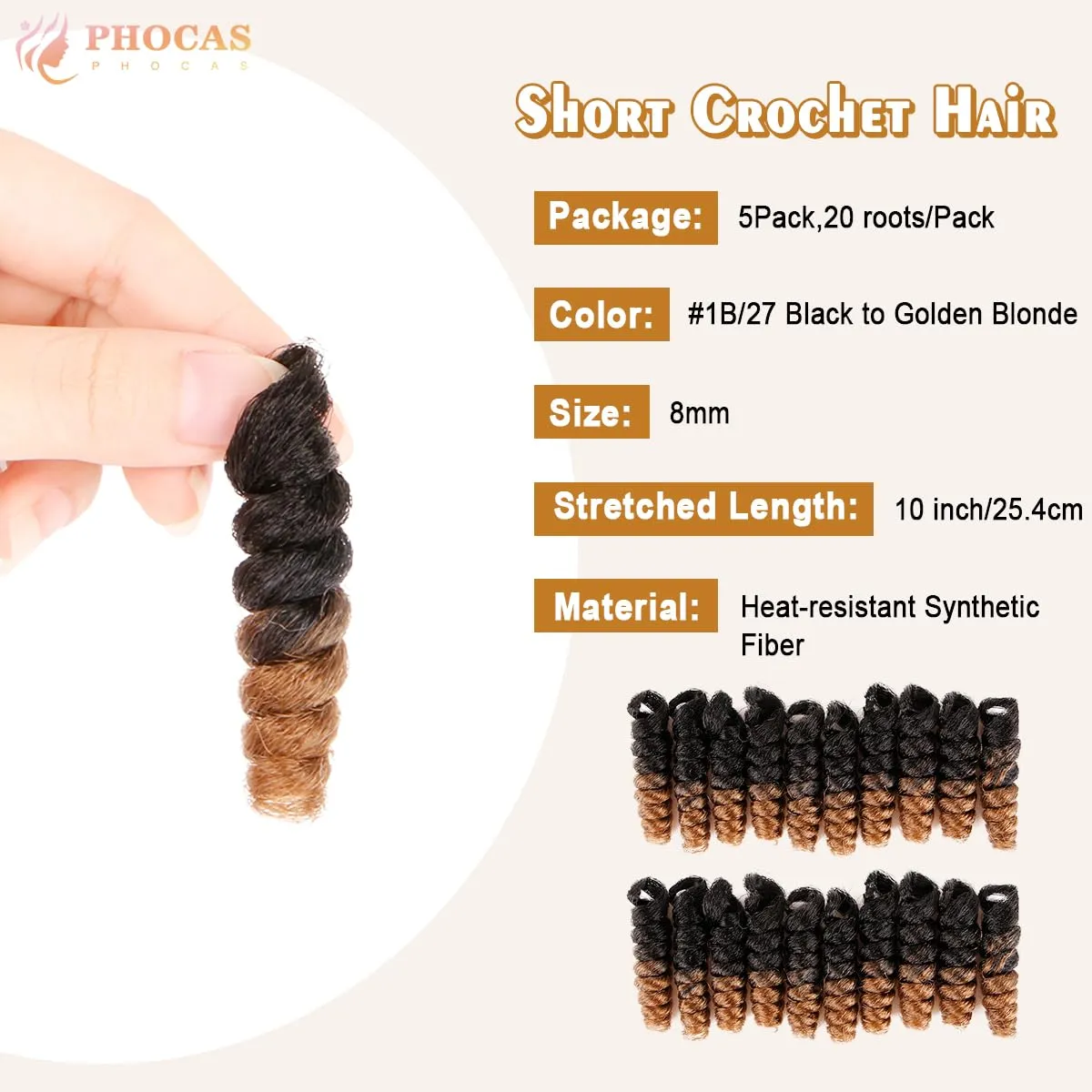 PHOCAS 5Packs 10'' Toin Curl Short Crochet Hair Curl Crochet Braids for Women Natural Black to Golden Blonde