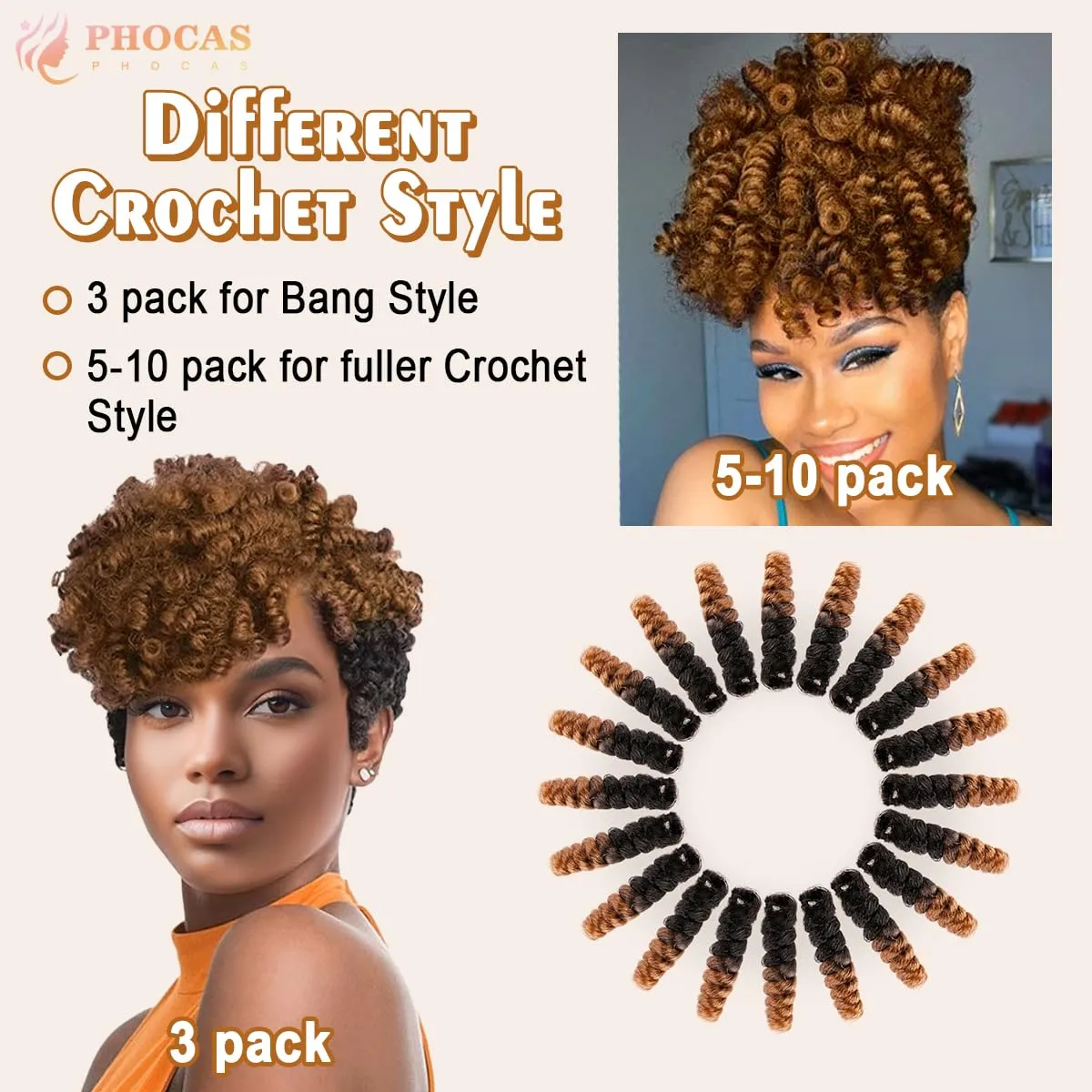 PHOCAS 5Packs 10'' Toin Curl Short Crochet Hair Curl Crochet Braids for Women Natural Black to Golden Blonde