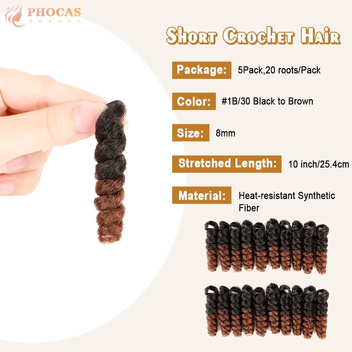 PHOCAS 5Packs 10'' Toin Curl Short Crochet Hair Curly Crochet Braids for Women Natural Black to Brown
