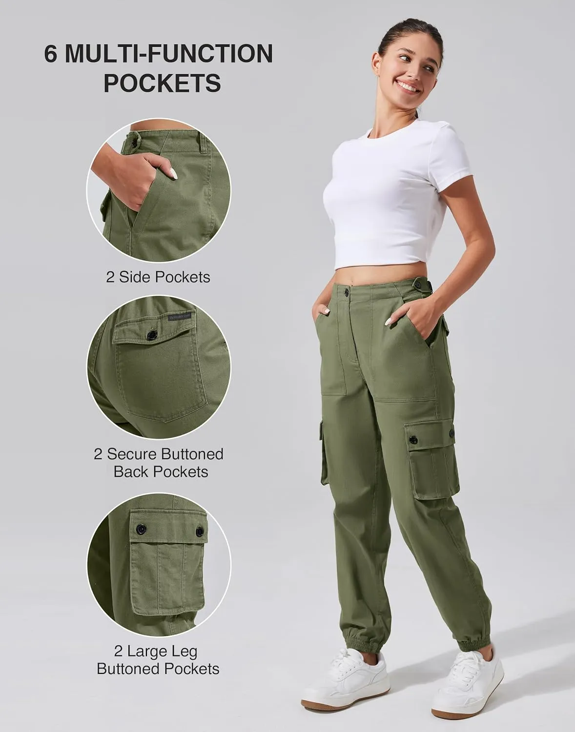Pioneer Camp Women's Stretchy Cargo Pants with Pockets High-Rise Casual Hiking Cotton Joggers Adjustable Waistband with Belt