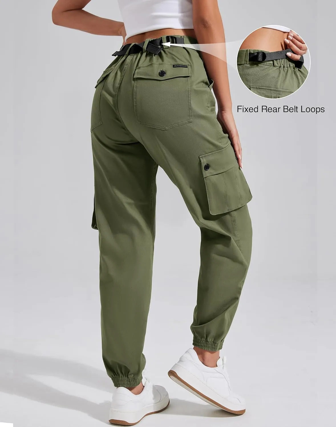 Pioneer Camp Women's Stretchy Cargo Pants with Pockets High-Rise Casual Hiking Cotton Joggers Adjustable Waistband with Belt