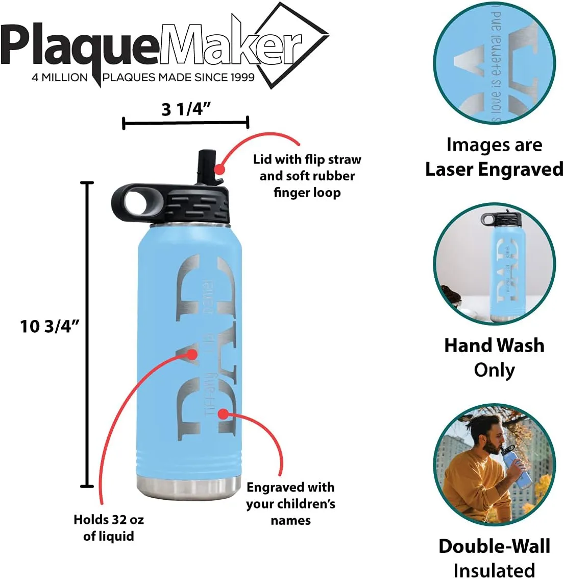 PlaqueMaker 32-oz Stainless Steel Customized Water Bottle For Dad- Includes Kids Names- Great for Father's Day, Christmas, His Birthday, or Just Because - Select from a Variety of Colors (Light Blue)