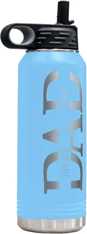 PlaqueMaker 32-oz Stainless Steel Customized Water Bottle For Dad- Includes Kids Names- Great for Father's Day, Christmas, His Birthday, or Just Because - Select from a Variety of Colors (Light Blue)