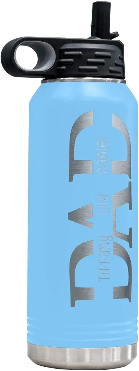 PlaqueMaker 32-oz Stainless Steel Customized Water Bottle For Dad- Includes Kids Names- Great for Father's Day, Christmas, His Birthday, or Just Because - Select from a Variety of Colors (Light Blue)
