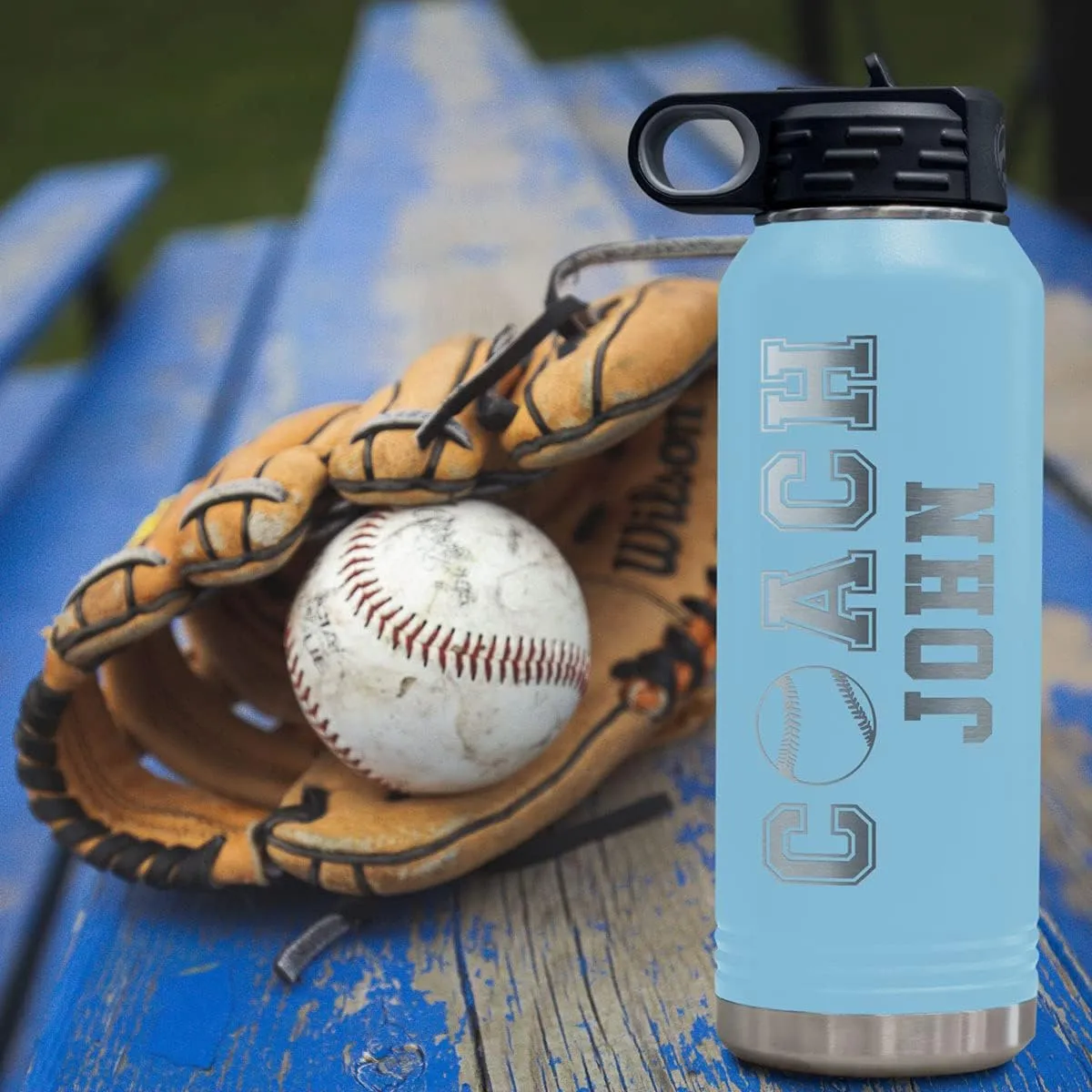 PlaqueMaker Customizable Coach Water Bottle - Include Your Personal Text (Light Blue)