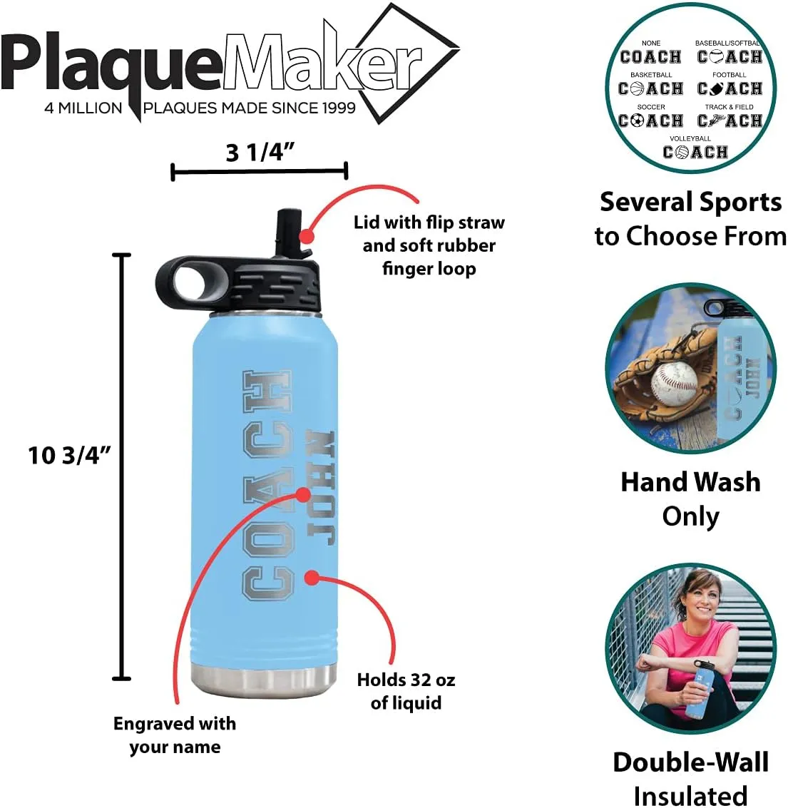 PlaqueMaker Customizable Coach Water Bottle - Include Your Personal Text (Light Blue)