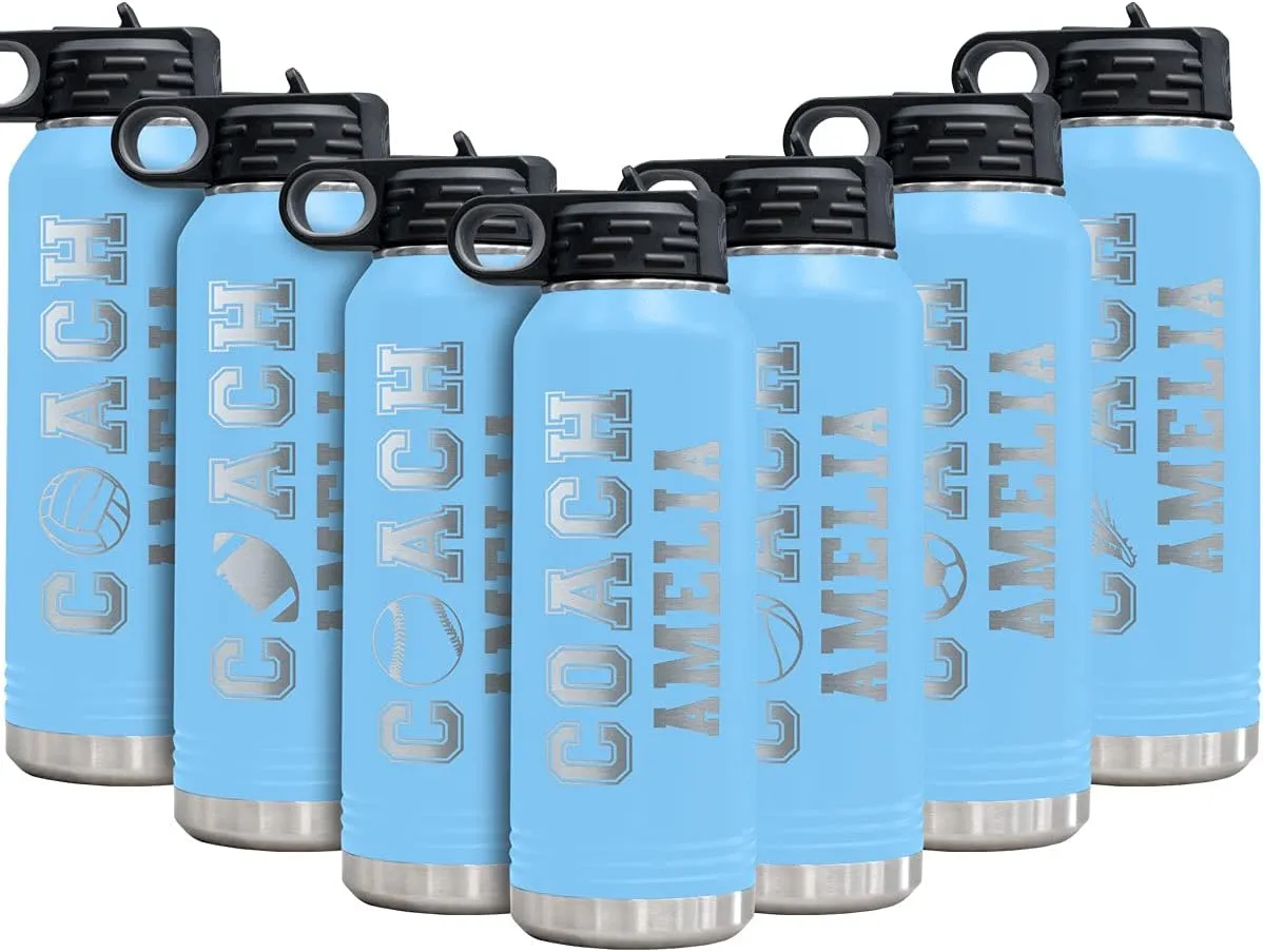 PlaqueMaker Customizable Coach Water Bottle - Include Your Personal Text (Light Blue)