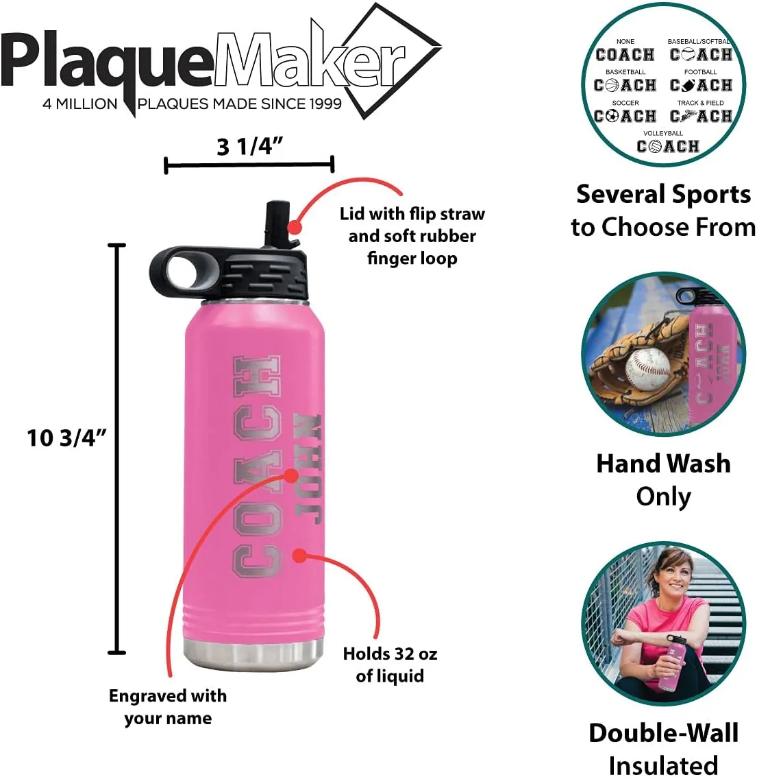 PlaqueMaker Customizable Coach Water Bottle - Include Your Personal Text (Pink)