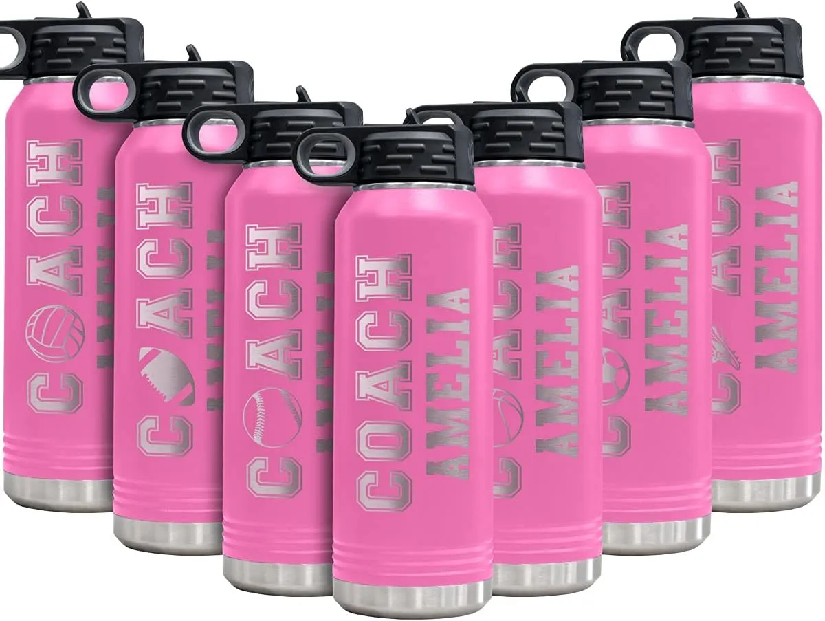 PlaqueMaker Customizable Coach Water Bottle - Include Your Personal Text (Pink)