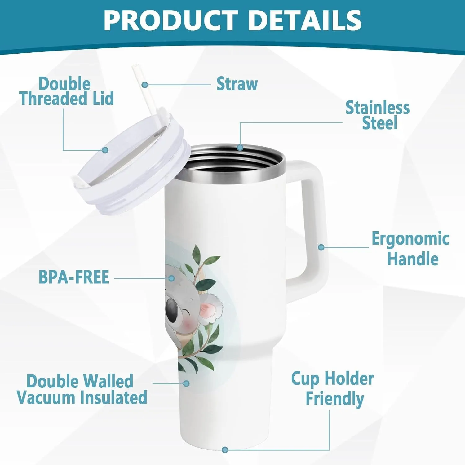 Poeticcity Stainless Steel Car Travel Mug, Thermal Tumbler Insulated Water Bottle Hot Holder Vacuum Coffee Cold Tea Cup 40 oz White Cartoon Koala Bear Clime Tree Trunk with Green Leaves