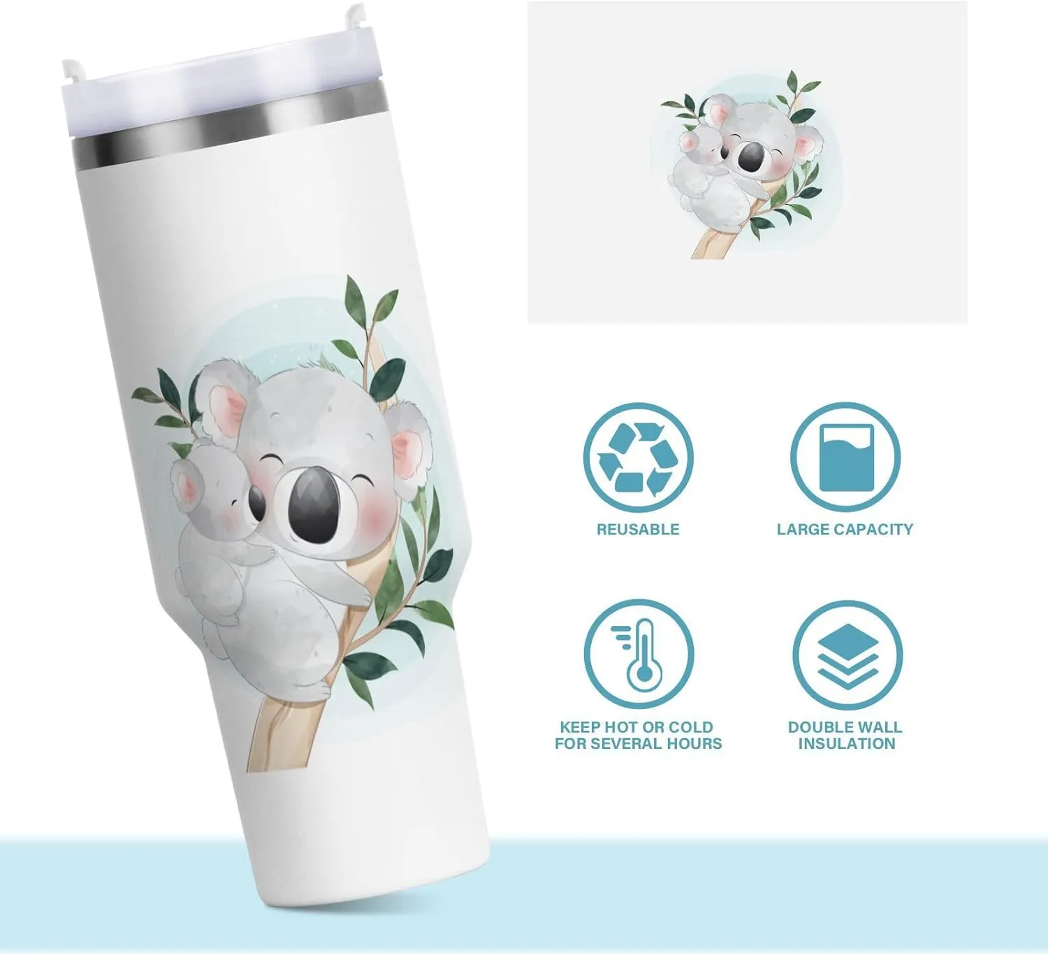 Poeticcity Stainless Steel Car Travel Mug, Thermal Tumbler Insulated Water Bottle Hot Holder Vacuum Coffee Cold Tea Cup 40 oz White Cartoon Koala Bear Clime Tree Trunk with Green Leaves
