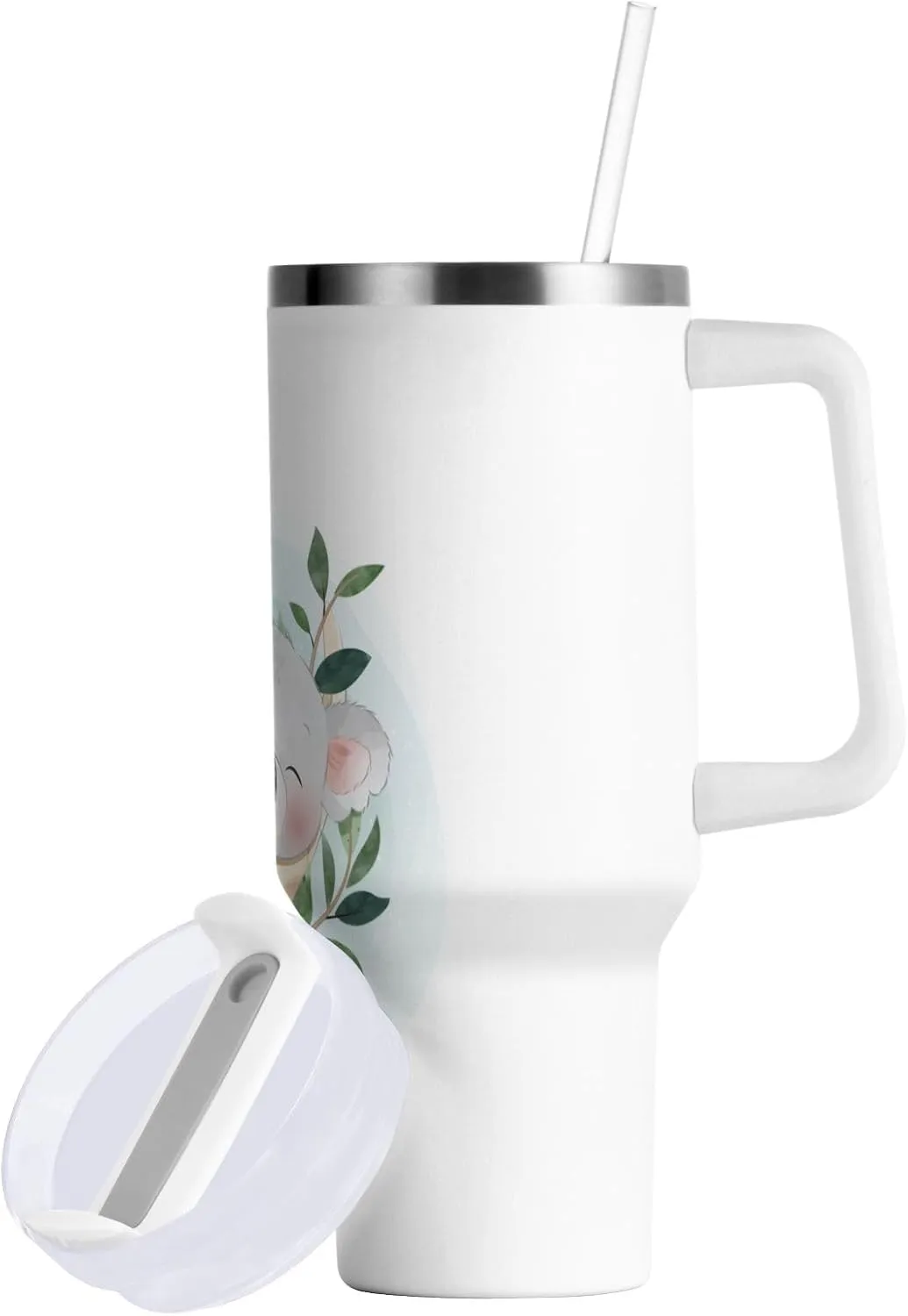 Poeticcity Stainless Steel Car Travel Mug, Thermal Tumbler Insulated Water Bottle Hot Holder Vacuum Coffee Cold Tea Cup 40 oz White Cartoon Koala Bear Clime Tree Trunk with Green Leaves