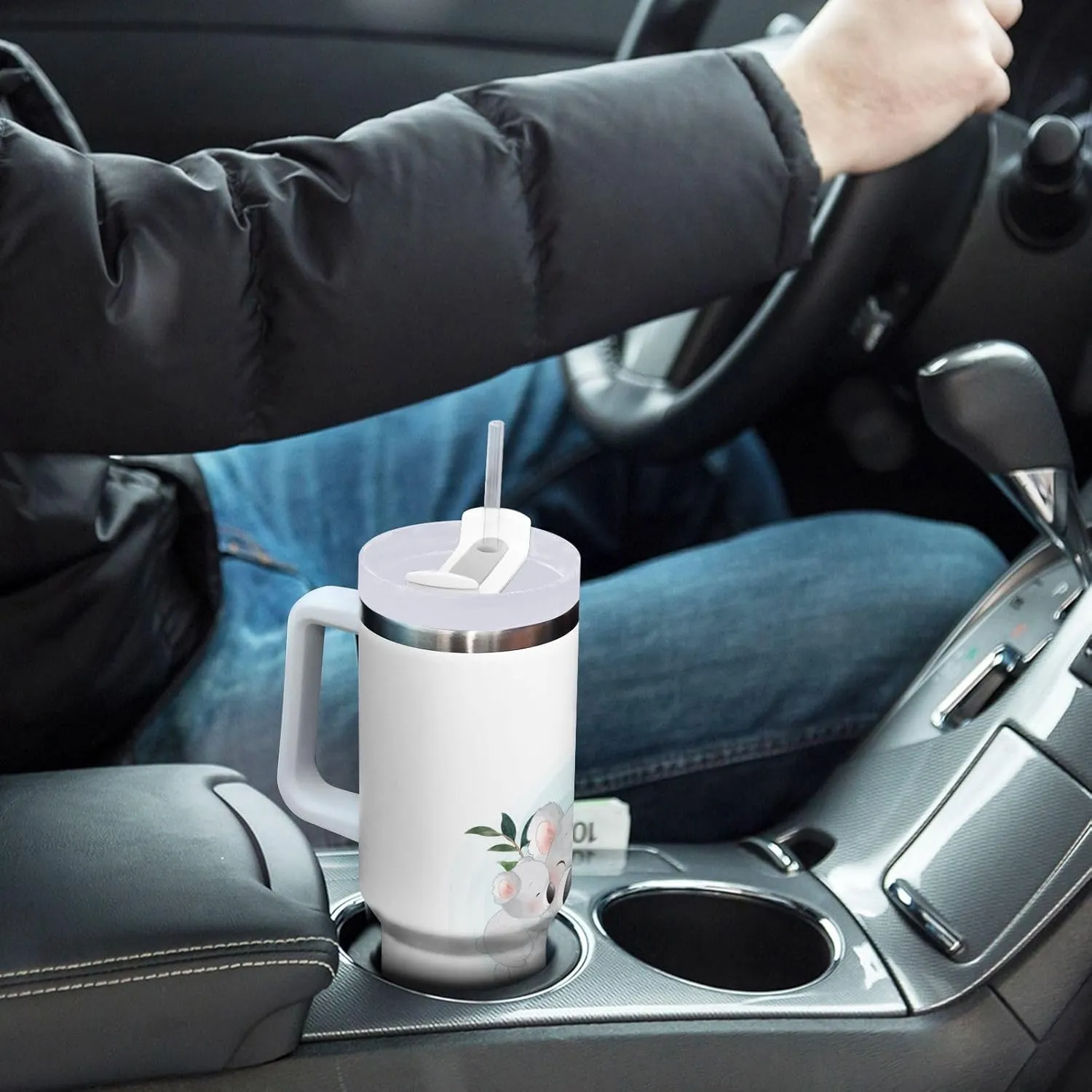 Poeticcity Stainless Steel Car Travel Mug, Thermal Tumbler Insulated Water Bottle Hot Holder Vacuum Coffee Cold Tea Cup 40 oz White Cartoon Koala Bear Clime Tree Trunk with Green Leaves