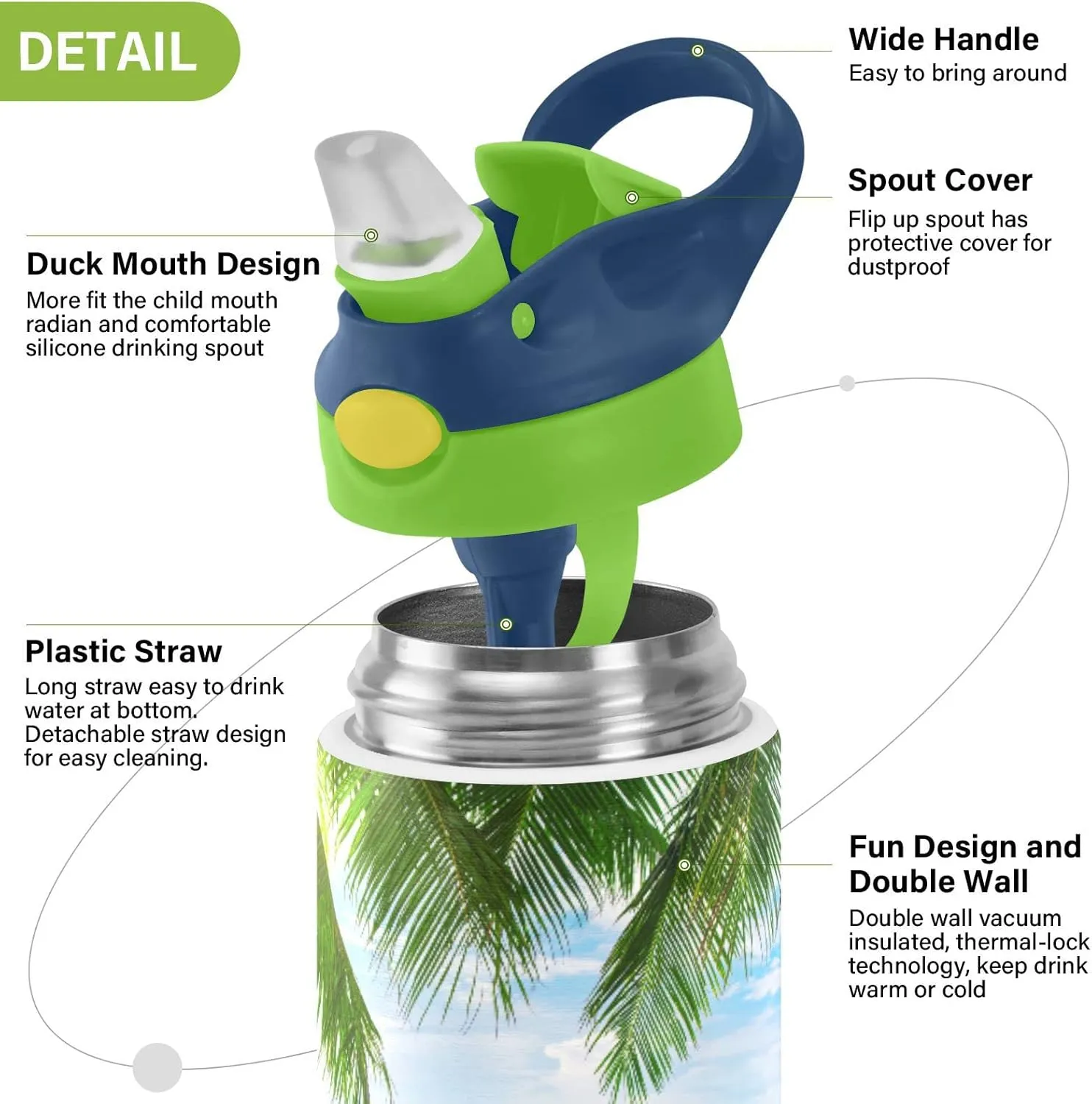 Poeticcity Tropical Ocean Beach with Coconut Palm Tree Leaves Blue Sea Tumbler with Lid & Straw, Boys Girls Stainless Steel Double Wall Cup Water Bottle BPA-Free Vacuum Insulated Thermal Mug 11.8 Oz