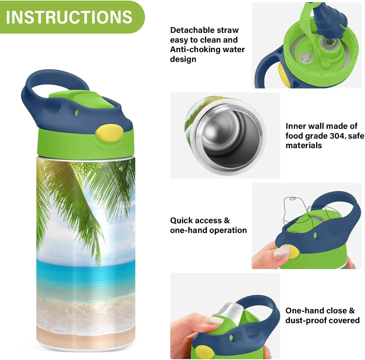 Poeticcity Tropical Ocean Beach with Coconut Palm Tree Leaves Blue Sea Tumbler with Lid & Straw, Boys Girls Stainless Steel Double Wall Cup Water Bottle BPA-Free Vacuum Insulated Thermal Mug 11.8 Oz