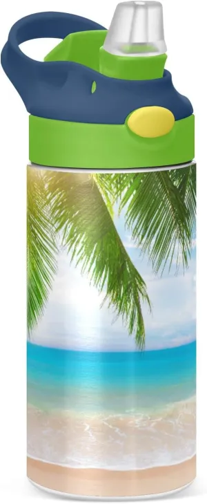 Poeticcity Tropical Ocean Beach with Coconut Palm Tree Leaves Blue Sea Tumbler with Lid & Straw, Boys Girls Stainless Steel Double Wall Cup Water Bottle BPA-Free Vacuum Insulated Thermal Mug 11.8 Oz