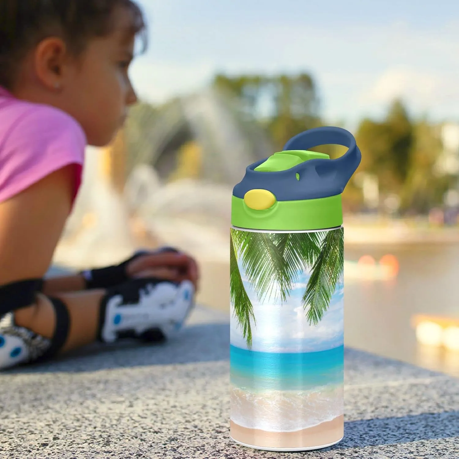 Poeticcity Tropical Ocean Beach with Coconut Palm Tree Leaves Blue Sea Tumbler with Lid & Straw, Boys Girls Stainless Steel Double Wall Cup Water Bottle BPA-Free Vacuum Insulated Thermal Mug 11.8 Oz