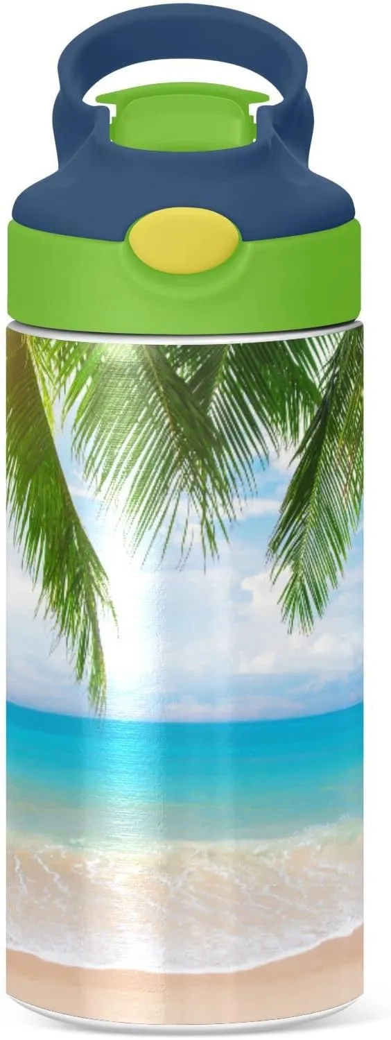 Poeticcity Tropical Ocean Beach with Coconut Palm Tree Leaves Blue Sea Tumbler with Lid & Straw, Boys Girls Stainless Steel Double Wall Cup Water Bottle BPA-Free Vacuum Insulated Thermal Mug 11.8 Oz