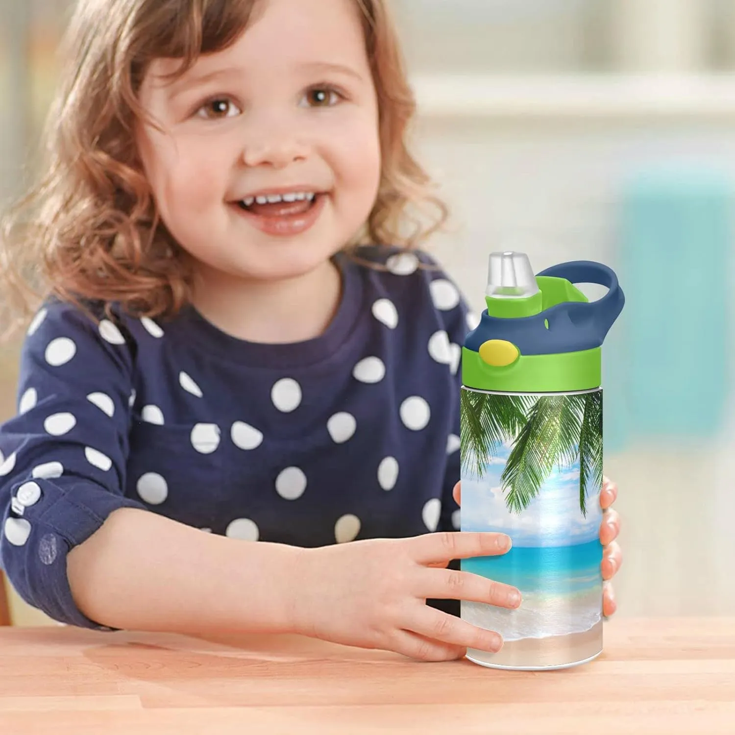 Poeticcity Tropical Ocean Beach with Coconut Palm Tree Leaves Blue Sea Tumbler with Lid & Straw, Boys Girls Stainless Steel Double Wall Cup Water Bottle BPA-Free Vacuum Insulated Thermal Mug 11.8 Oz