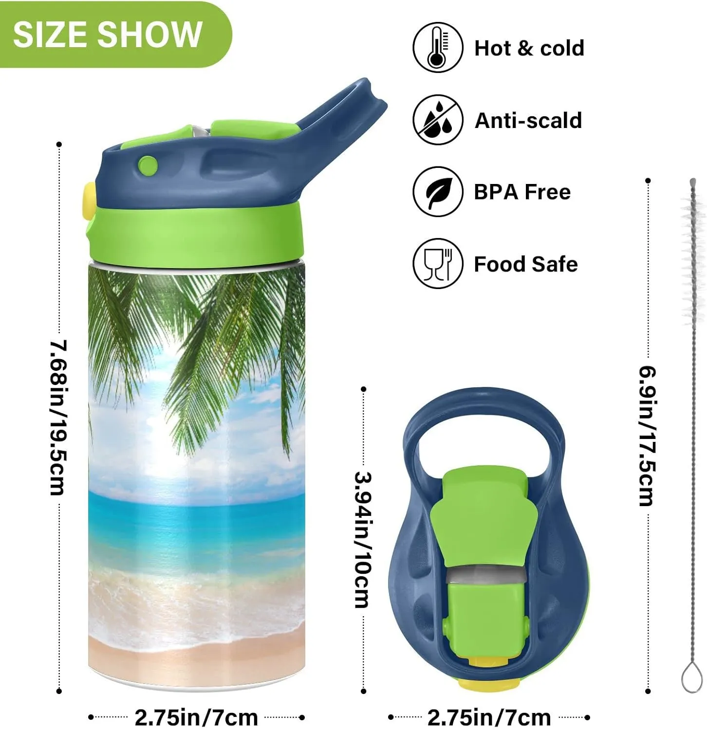 Poeticcity Tropical Ocean Beach with Coconut Palm Tree Leaves Blue Sea Tumbler with Lid & Straw, Boys Girls Stainless Steel Double Wall Cup Water Bottle BPA-Free Vacuum Insulated Thermal Mug 11.8 Oz