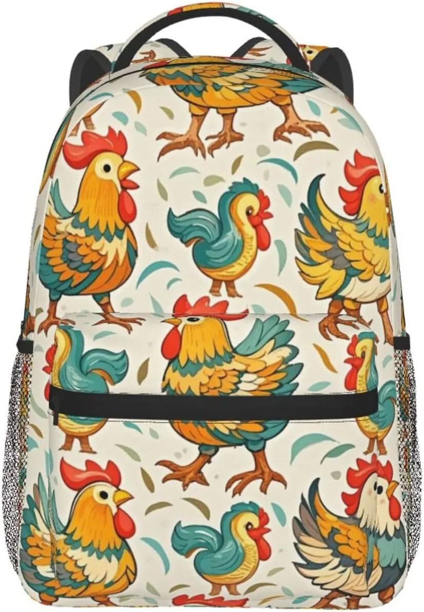 Polyester Daypack Backpack for Trekking Picnic Walking Cycling - Large Capacity Anti-Theft Multipurpose Shoulder Bag, Rooster Chicken Breeds Art Casual Daypack