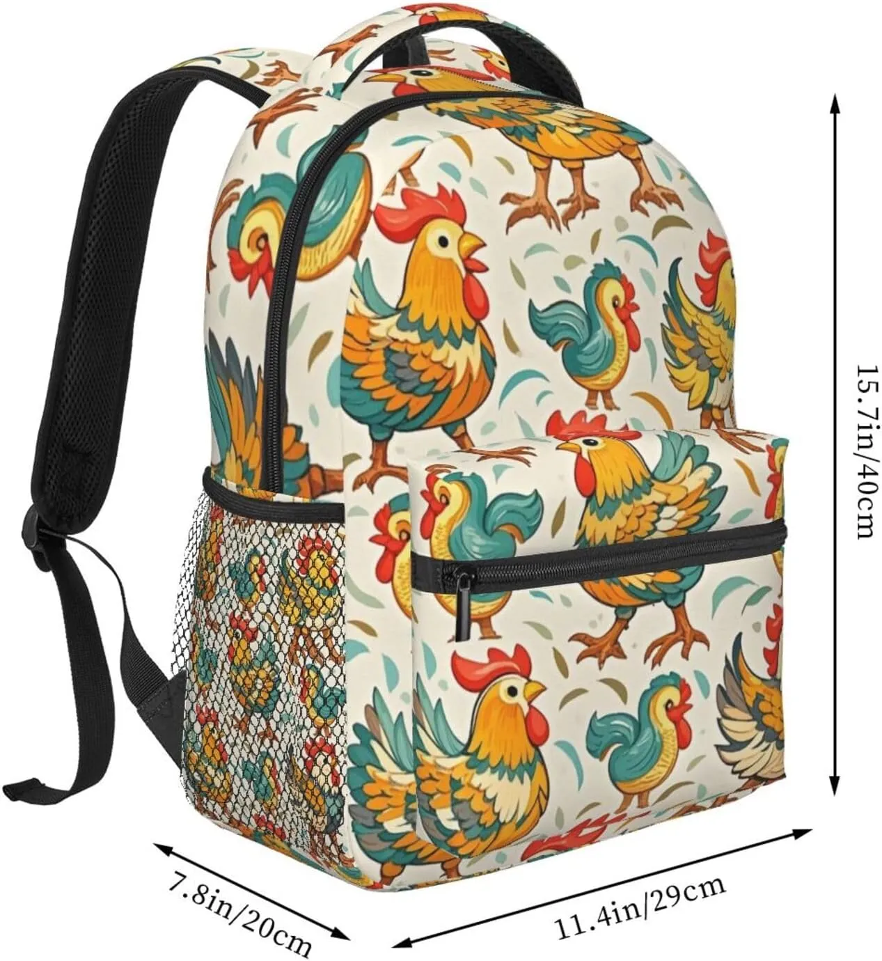 Polyester Daypack Backpack for Trekking Picnic Walking Cycling - Large Capacity Anti-Theft Multipurpose Shoulder Bag, Rooster Chicken Breeds Art Casual Daypack