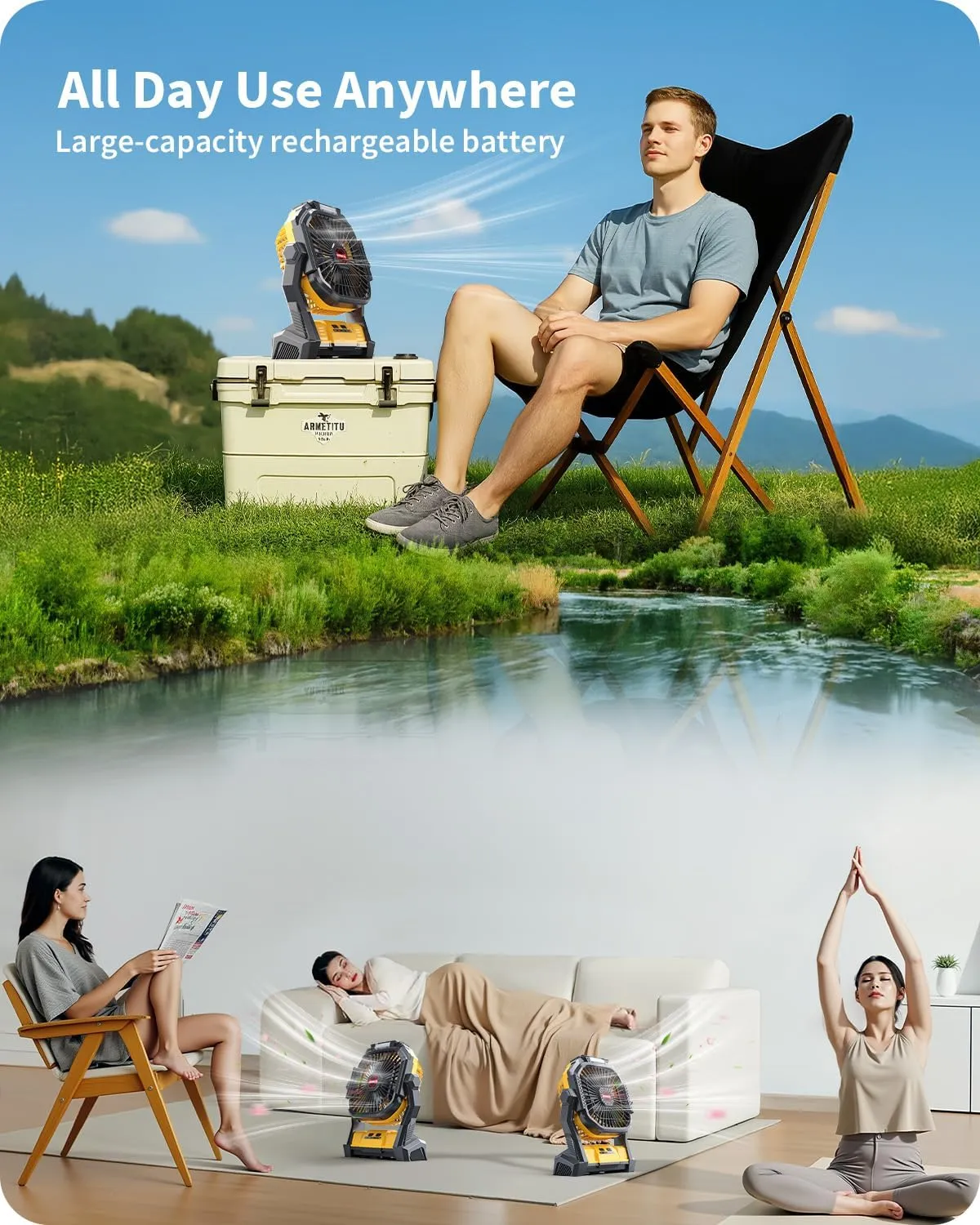 Portable Battery Operated Fan, 20000mAh Rechargeable Camping Fan with LED Lantern, Hang Hook, Camping Gear for Travel, BBQ, Fishing, Hurricane （Yellow）