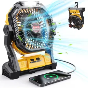 Portable Battery Operated Fan, 20000mAh Rechargeable Camping Fan with LED Lantern, Hang Hook, Camping Gear for Travel, BBQ, Fishing, Hurricane （Yellow）
