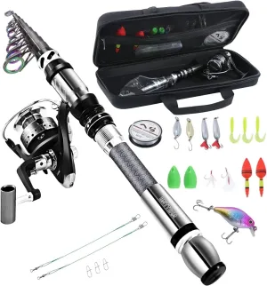 Portable Fishing Spinning Rod and Reel Combo Set Carbon Fiber Fluorescent Rod Tip, with Fishing Lures Line Carrier Bag Kits for Travel Surf Saltwater Freshwater (Sliver, 2.7M/106.5in/8.86ft)