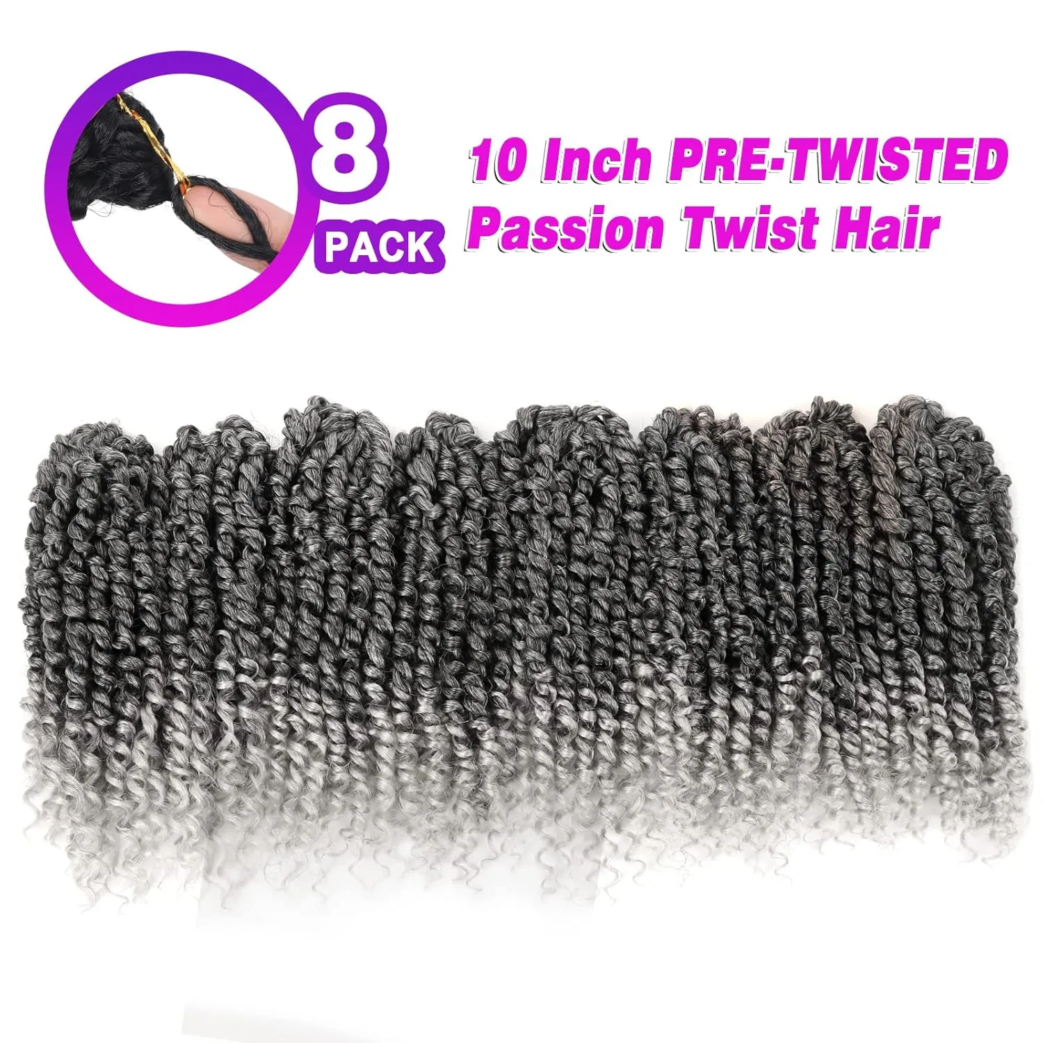Pre-twisted Passion Twist Crochet Hair 10 Inch 8 Packs Crochet Passion Twist, Pre Looped Short Ombre Passion Twist Hair Crochet Twist Braids Bohemian Crochet Hair for Women Curly Ends T-Gray