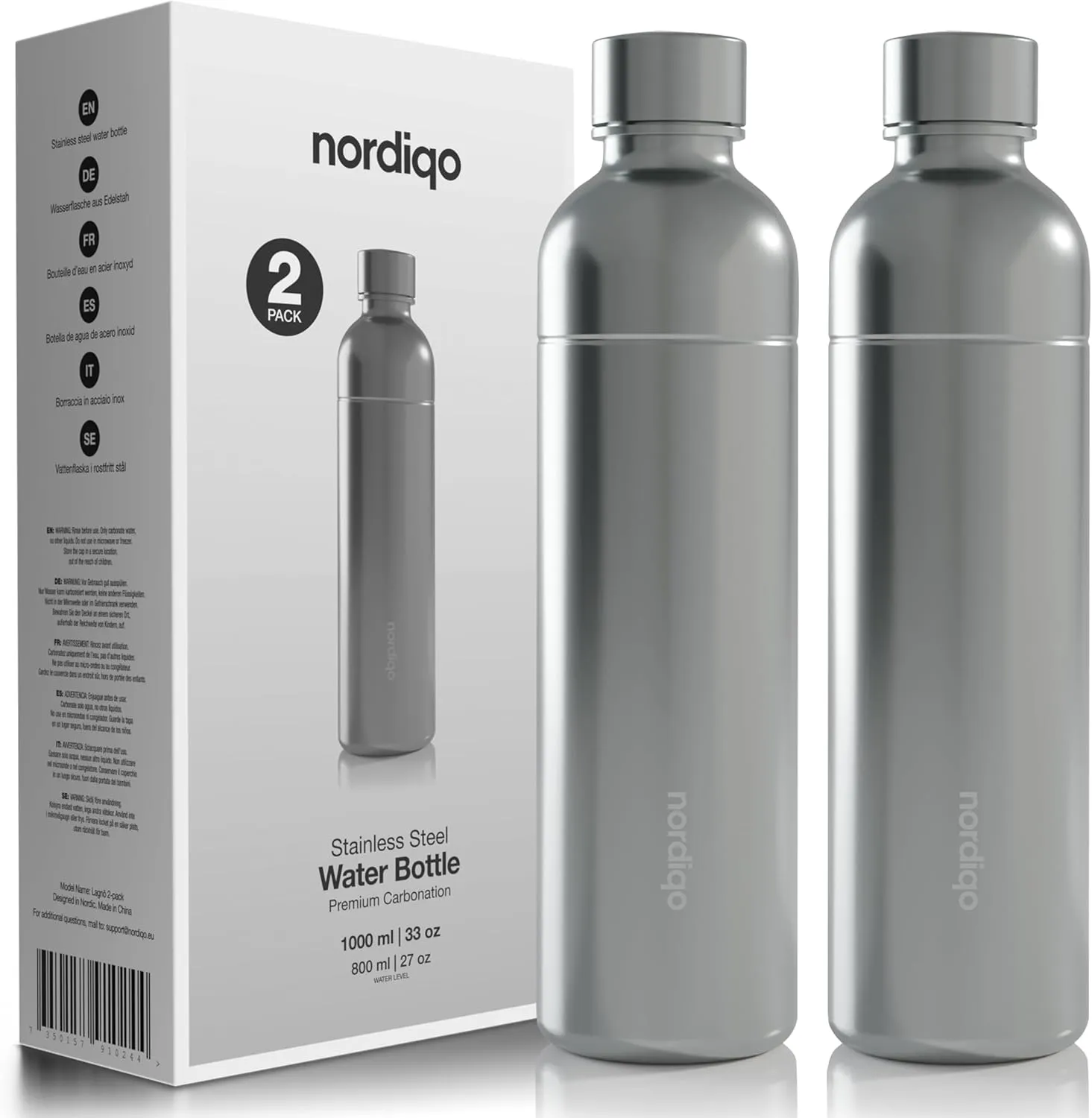 Premium 33 oz Stainless Steel Bottle - Compatible with SodaStream and Aarke Soda Makers | No Expiration Date | Dishwasher Safe | Leak Proof | BPA-Free | 2-Pack