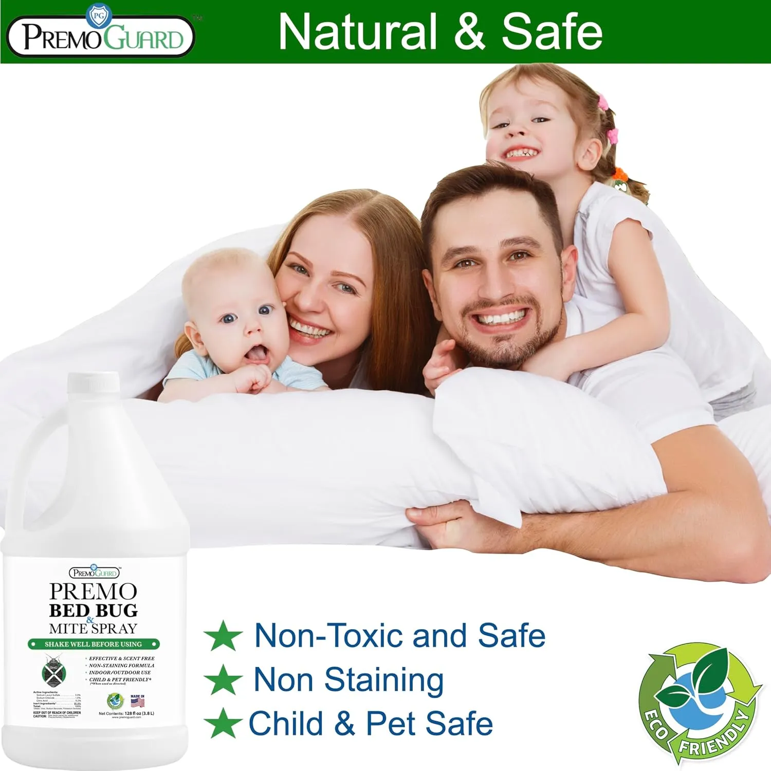 Premo Guard Bed Bug Killer Spray 128 oz - University Tested 100% Kill Rate - Natural Non Toxic, Stain & Scent Free - Kill Bedbugs & Mites On Bed & Blankets, Furniture, Clothing - Child & Pet Safe