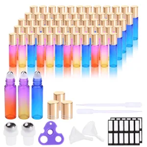 PrettyCare 60 Pack, 10 ml Essential Oil Roller Bottles with Stainless Steel Roller Ball - Bulk Refillable Leak-proof Empty Thick Rainbow Glass Roll on Bottles with Metal Caps for Travel, Perfume