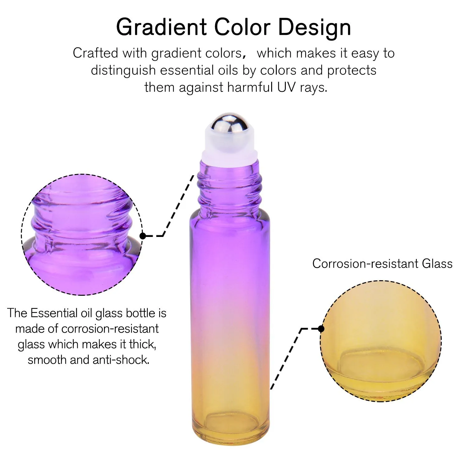 PrettyCare 60 Pack, 10 ml Essential Oil Roller Bottles with Stainless Steel Roller Ball - Bulk Refillable Leak-proof Empty Thick Rainbow Glass Roll on Bottles with Metal Caps for Travel, Perfume