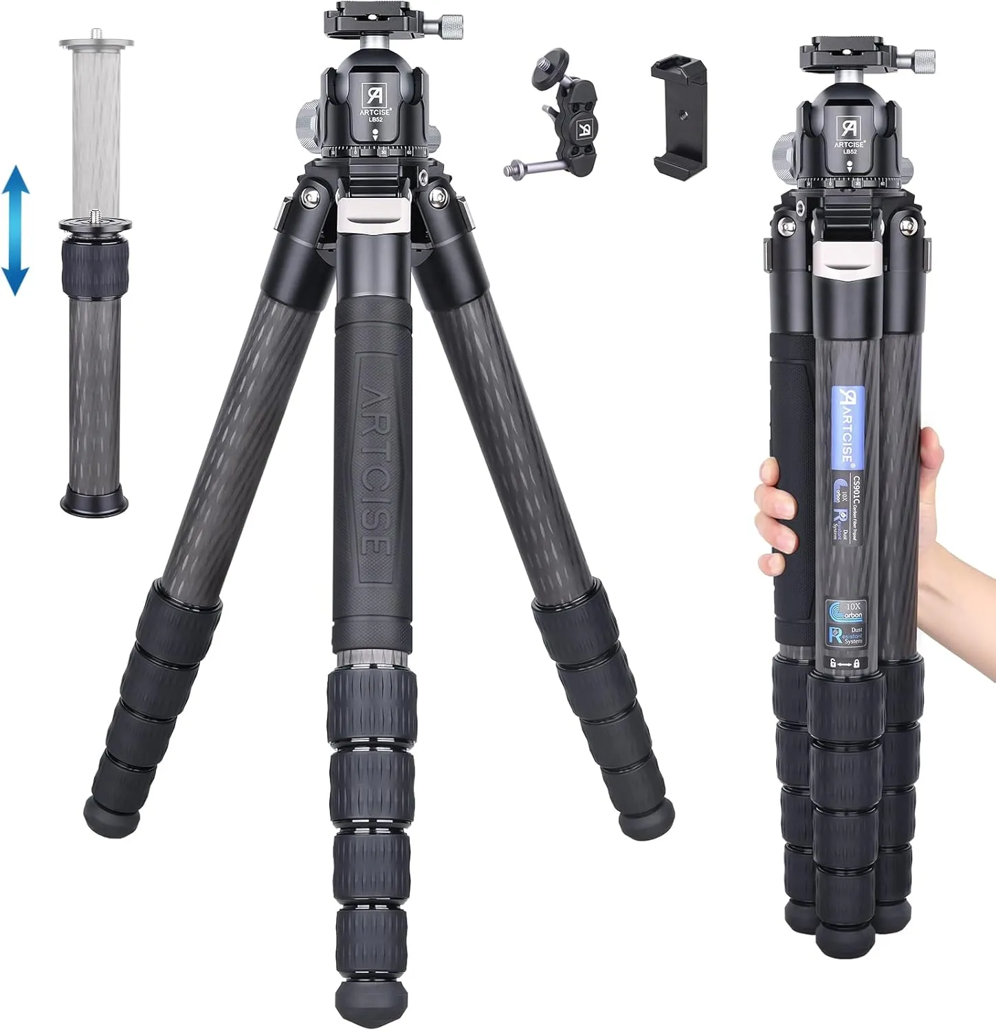 Professional Heavy Duty Carbon Fiber Tripod CS901C with 52mm Ball Low Profile Tripod Head Detachable Monopod Compact Lightweight Travel Camera Stand for DSLR Digital Camcorder Max Load 88.2lbs/40kg