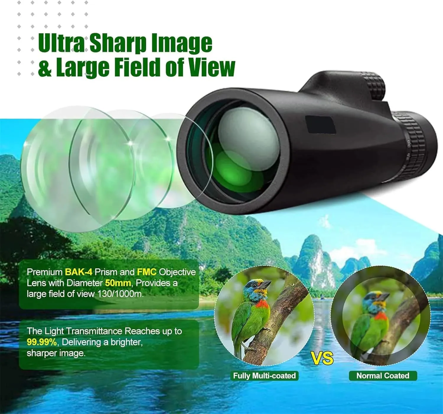 Professional Monocular Powerful Night Vision Telescope Long Range Spotting Scope Camping Hunting Fishing for Watching Bird Binoculars,Black