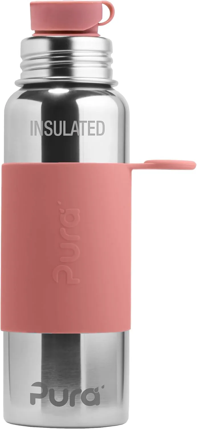 Pura Insulated Stainless Steel 22oz Sport Water Bottle | BPA Free & Plastic Free Silicone Sleeve & Spill Proof Lid for Kids & Adults - Rose