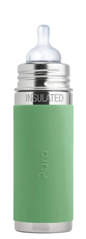 Pura Kiki 7oz/200ml Stainless Steel Insulated Anti-Colic Infant Bottle w/Silicone Medium-Flow Nipple & Sleeve, 100% Plastic-Free, MadeSafe Certified, for Kids, Toddlers, Babies & Infant - Moss