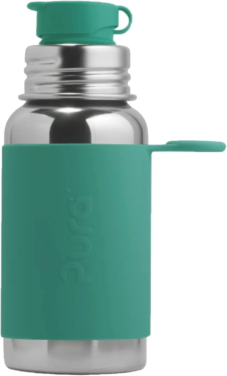 Pura Sport 18oz/ 550ml Standard Bottle with Sleeve & Silicone Big Mouth Sport Top - Non-Insulated, Stainless Steel, Warm & Cold, Leak-Proof & Spill-Proof for Kids, Toddlers, Preschoolers - Mint