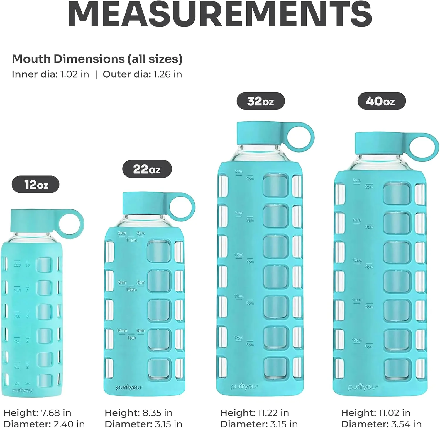 purifyou 40/32/22/12 oz Borosilicate Glass Water Bottles with Volume Markers, Silicone Sleeve, Stainless Steel Lid, Reusable Bottle for Water, Juice, Gym, and Fridge Storage (32oz Aqua Blue)