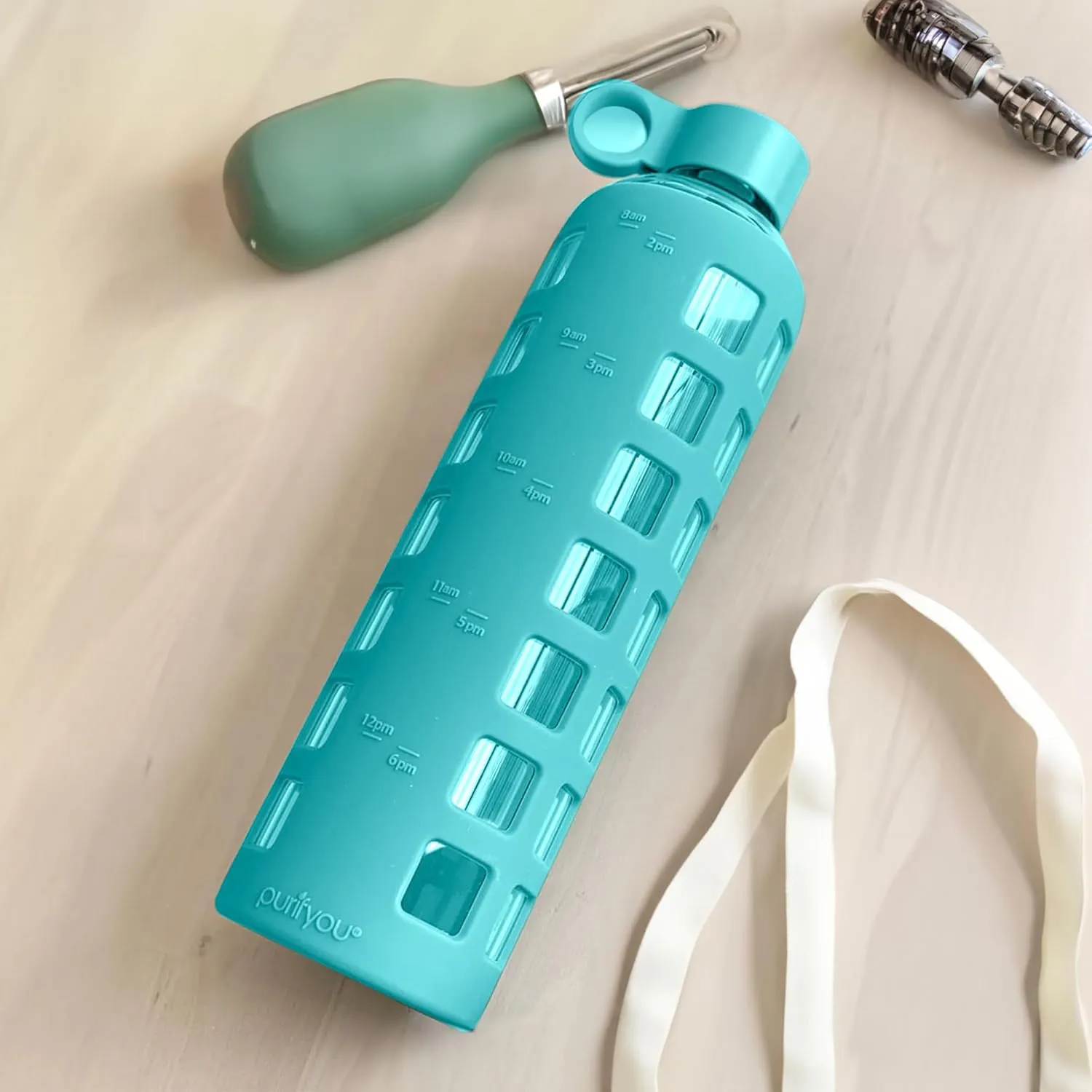 purifyou 40/32/22/12 oz Borosilicate Glass Water Bottles with Volume Markers, Silicone Sleeve, Stainless Steel Lid, Reusable Bottle for Water, Juice, Gym, and Fridge Storage (32oz Aqua Blue)