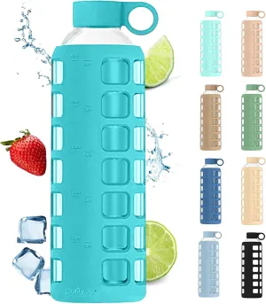 purifyou 40/32/22/12 oz Borosilicate Glass Water Bottles with Volume Markers, Silicone Sleeve, Stainless Steel Lid, Reusable Bottle for Water, Juice, Gym, and Fridge Storage (32oz Aqua Blue)